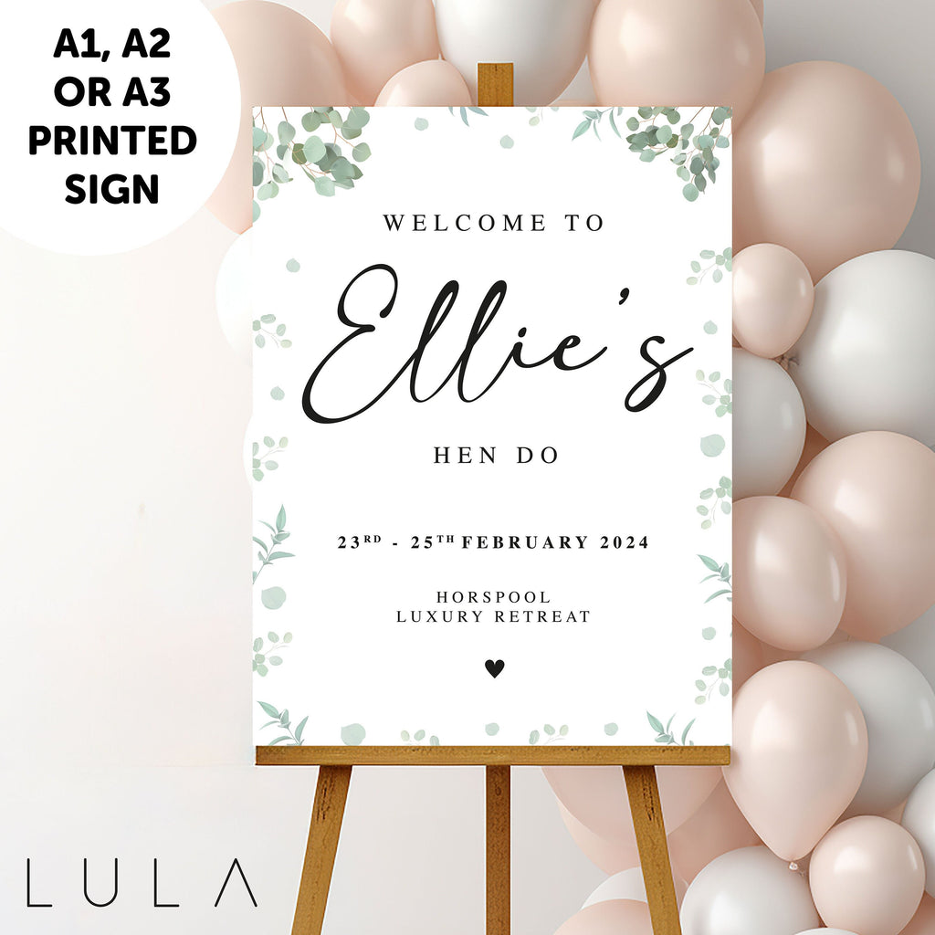 PERSONALISED Eucalyptus Hen do PRINTED Welcome Sign Elegant Hen Do Welcome Sign Eucalyptus Theme Sign Green White hen do