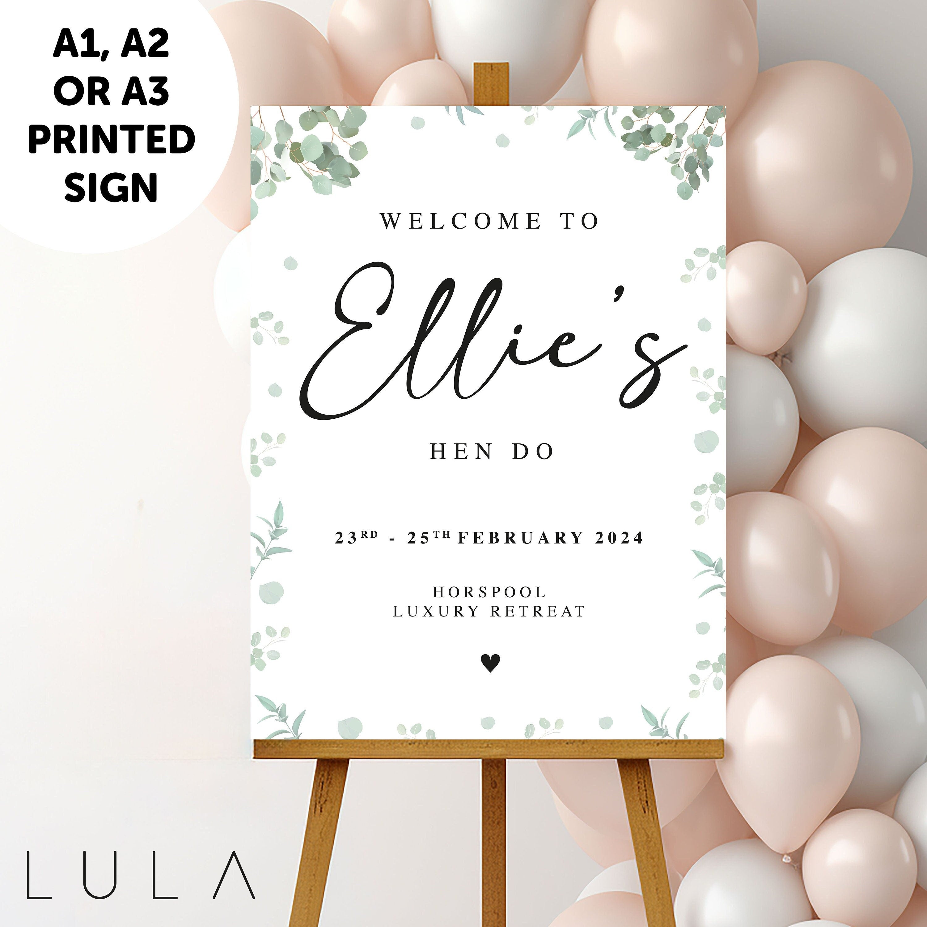PERSONALISED Eucalyptus Hen do PRINTED Welcome Sign Elegant Hen Do Welcome Sign Eucalyptus Theme Sign Green White hen do