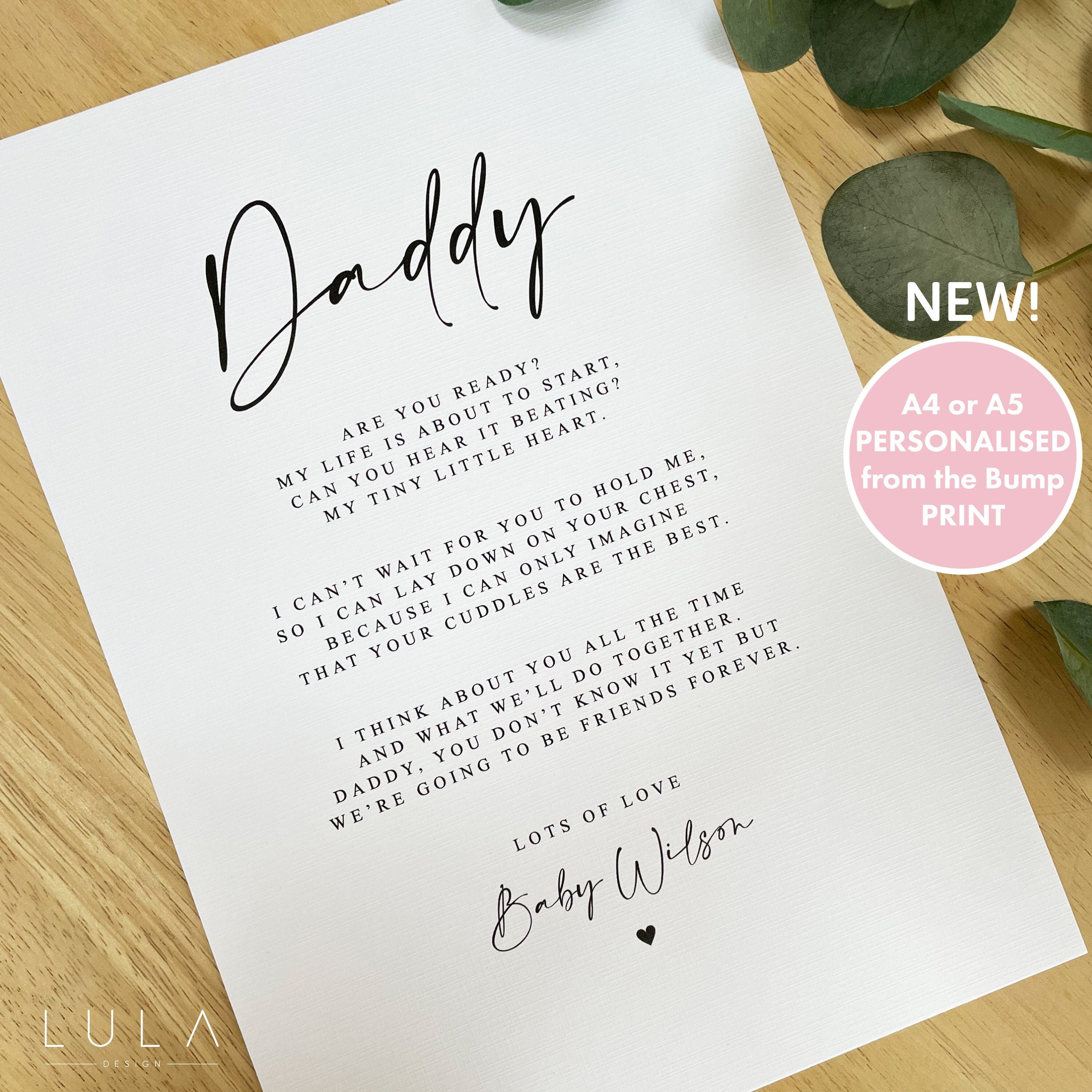 PERSONALISED Daddy to be Poem from Bump Twins A4 A5 UNFRAMED PRINT New Dad Birthday Gift, Fathers Day Gift, Pregnancy Announcement from Bump