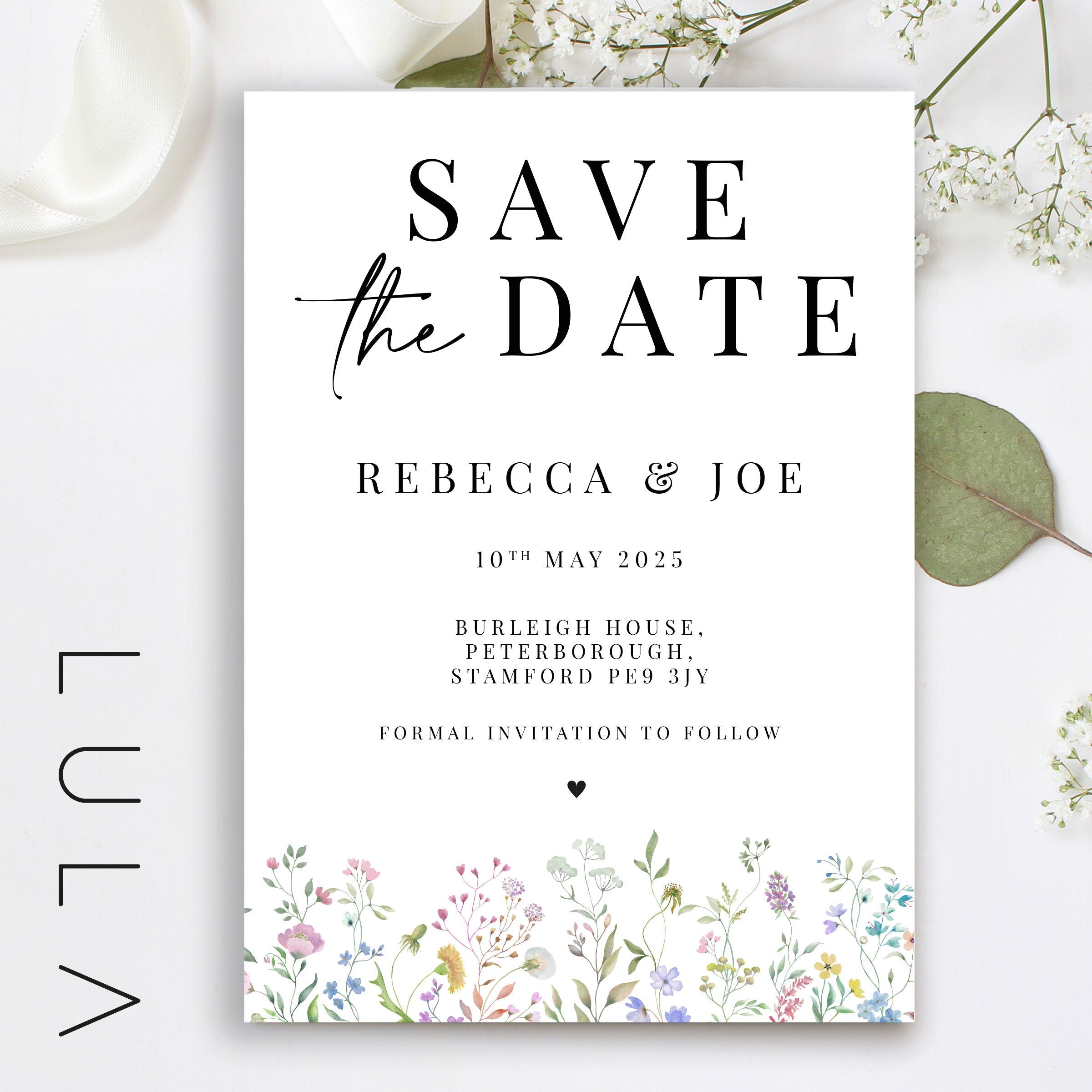 PERSONALISED A6 Spring Summer Floral Printed Save the Dates Wildflower Boho floral Save The Dates Typography Printed with black Envelopes