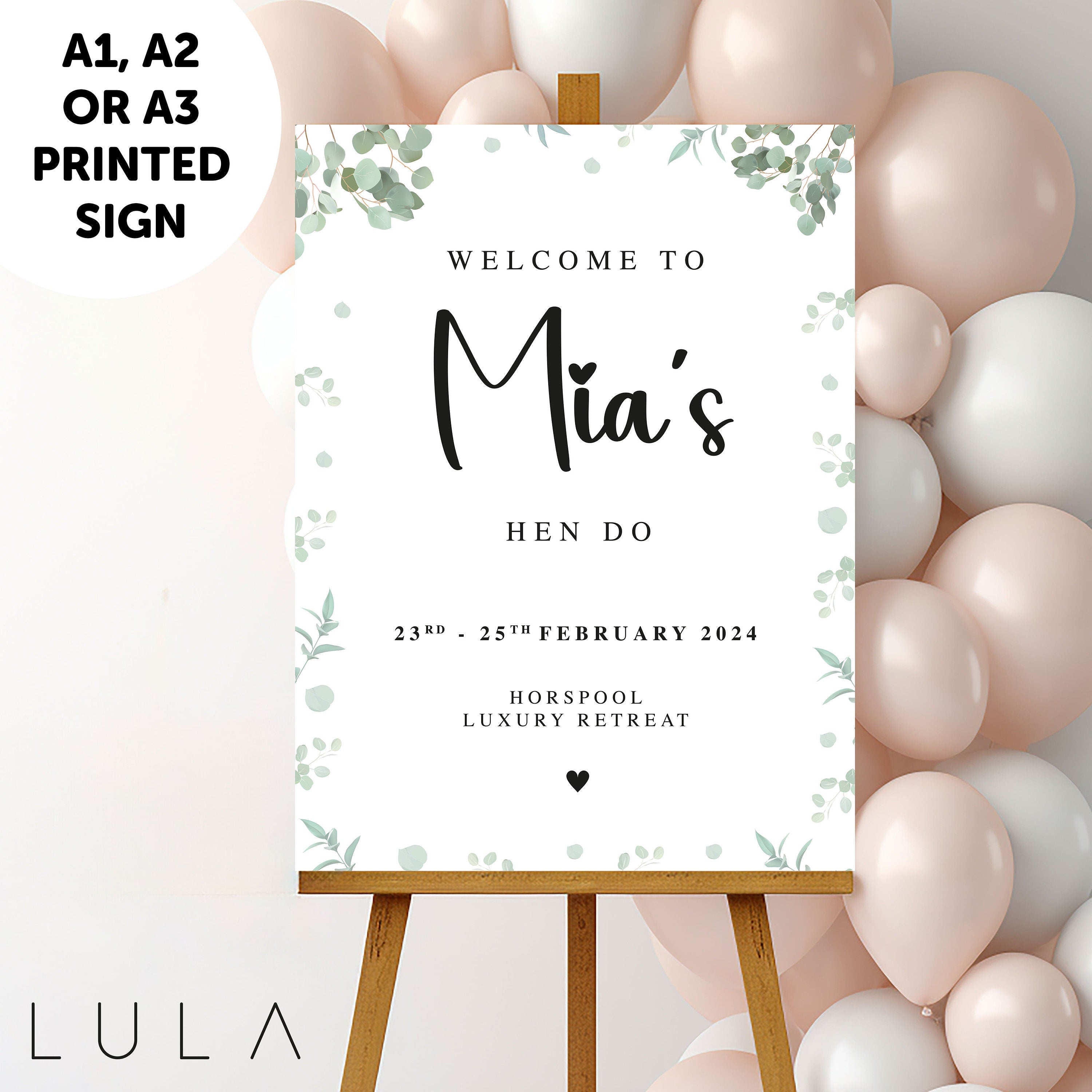 PERSONALISED Eucalyptus Hen do PRINTED Welcome Sign Elegant Hen Do Welcome Sign Eucalyptus Theme Sign Green White hen do