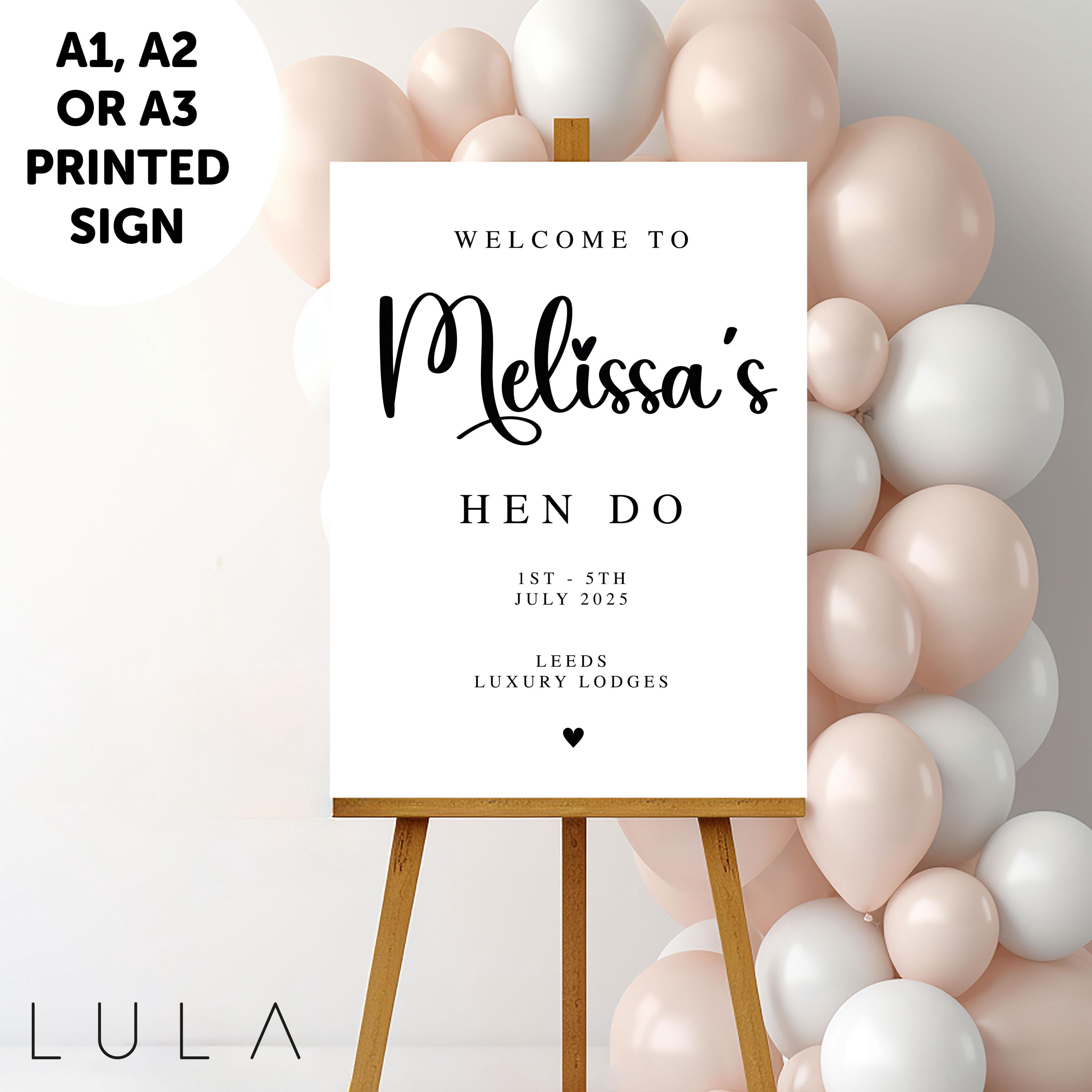 PERSONALISED A1 A2 or A3 Black and White Hen do PRINTED Welcome Sign Elegant Hen Do Welcome Sign hen do signage decor
