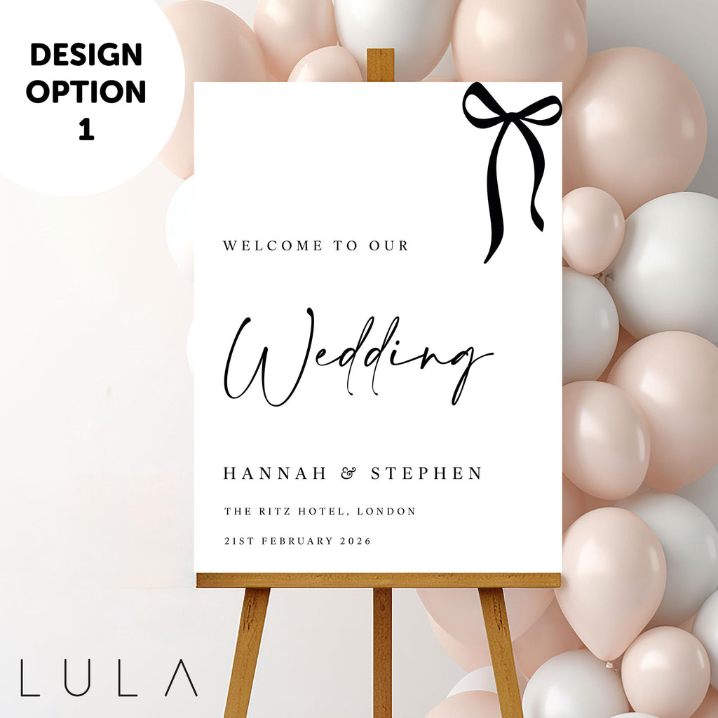 PERSONALISED A1 A2 or A3 Black and White Bow Welcome to our Wedding PRINTED foamex Welcome Sign Elegant minimal sign decor