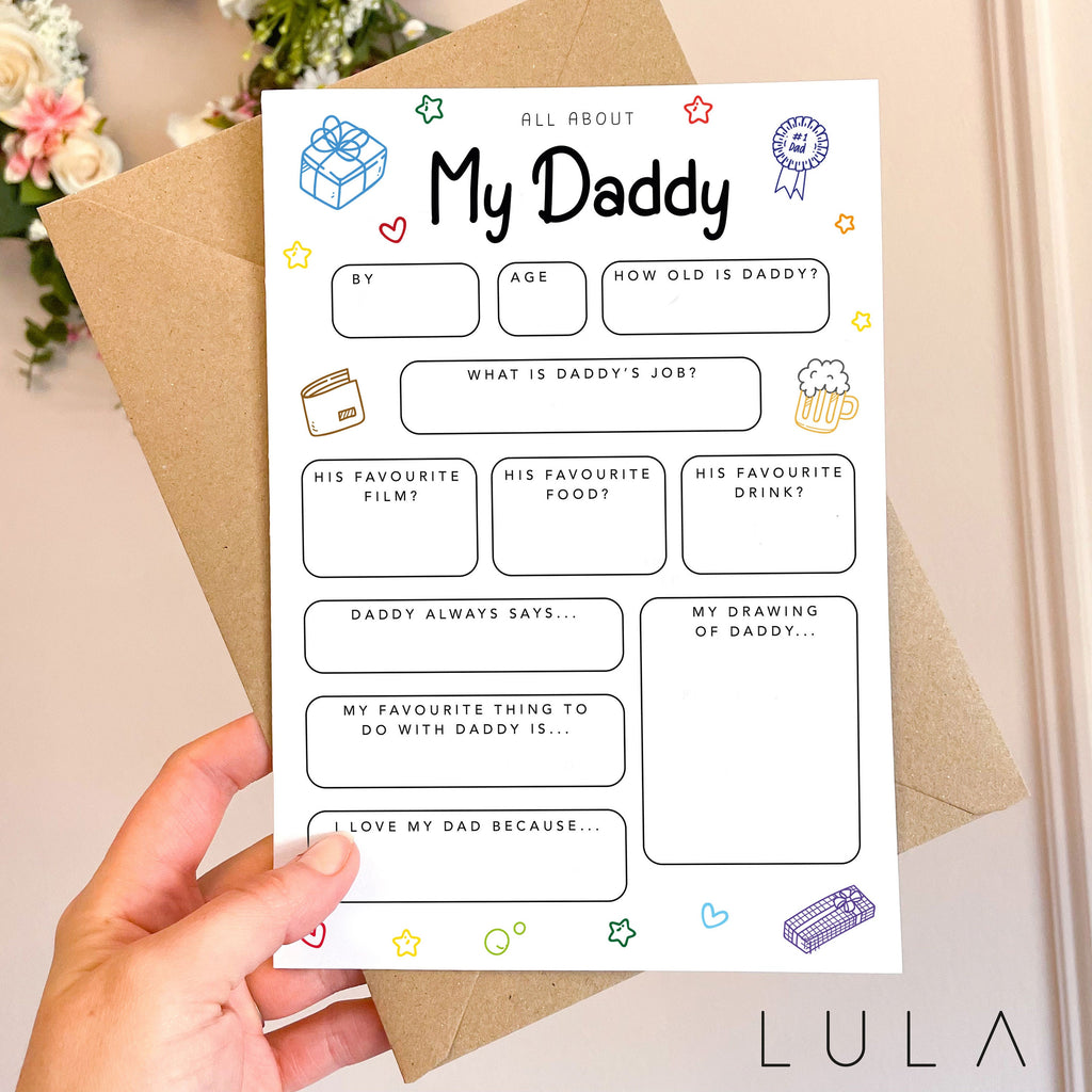 All About Daddy A5 Card with envelope, Dad Questionnaire, Daddy Birthday Card, Fathers Day Keepsake Card, All about Daddy, Father's Day Card