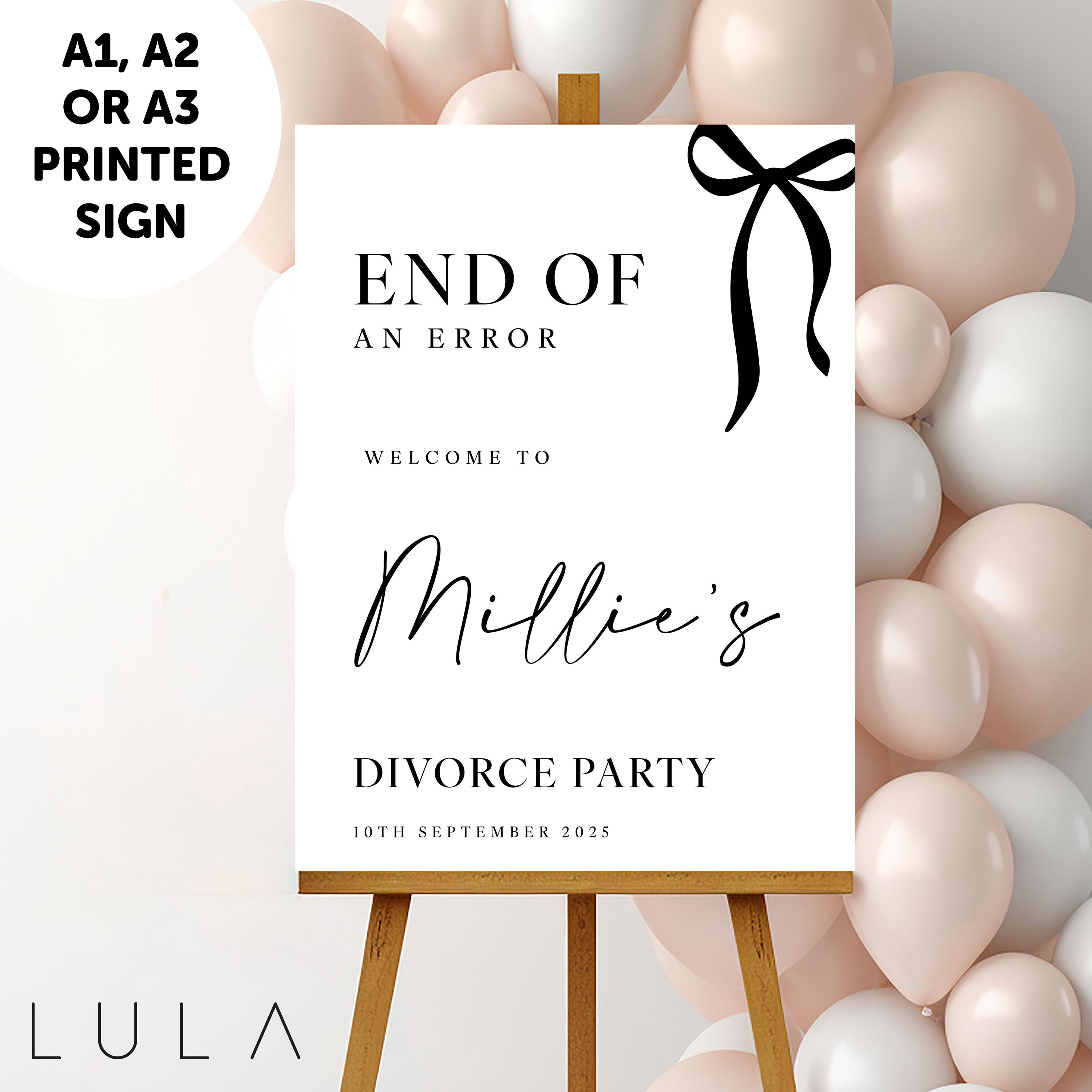 PERSONALISED Black & White Bow Minimal Divorce Party Sign PRINTED Foamex Sign Minimal Welcome Sign Divorce Party