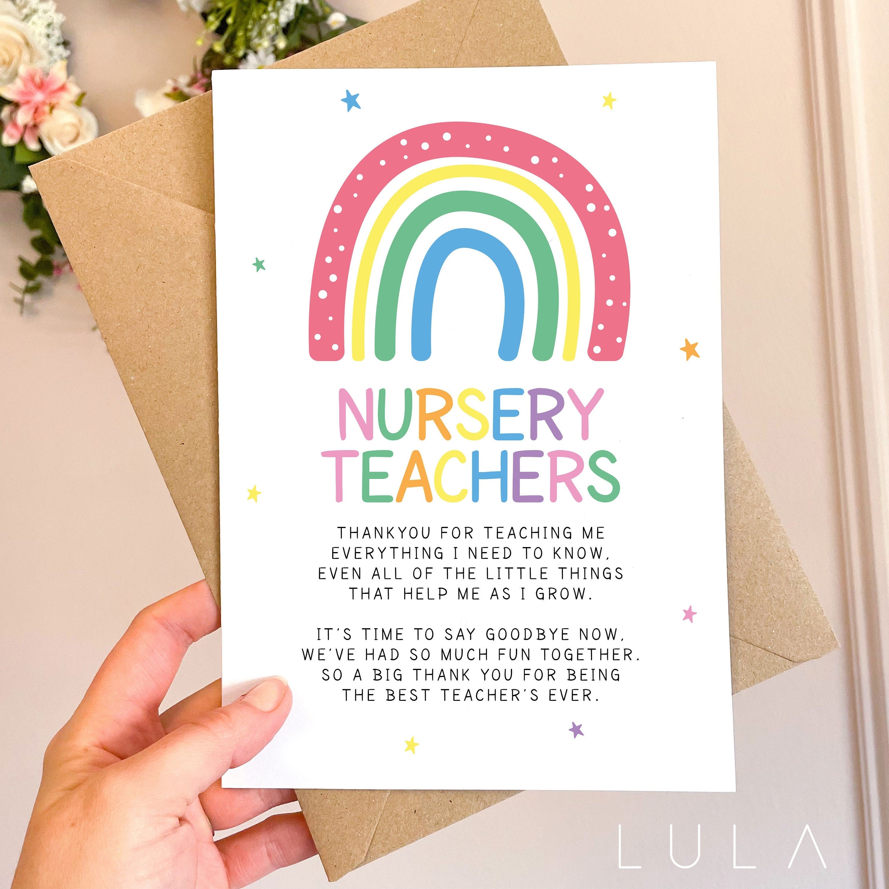 Leaving Nursery Teachers Poem Rainbow A5 Greeting Card & Kraft envelope Nursery Teacher Card, Nursery Leavers Card, for helping me grow card