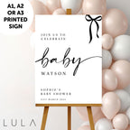 PERSONALISED A1 A2 or A3 Black White Pink Blue Bow Welcome Baby Shower PRINTED Welcome Sign or DIGITAL download Elegant minimal sign decor