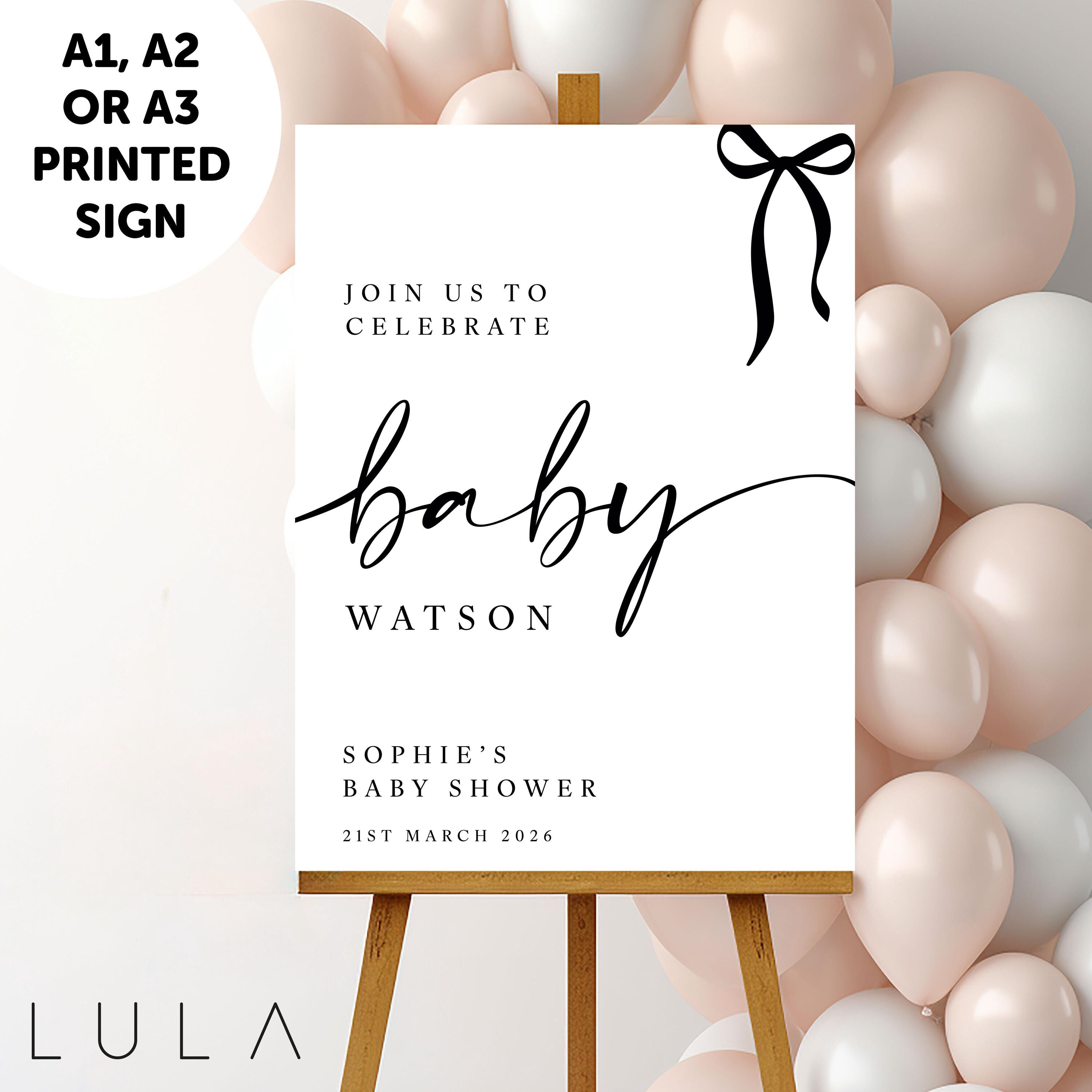 PERSONALISED A1 A2 or A3 Black White Pink Blue Bow Welcome Baby Shower PRINTED Welcome Sign or DIGITAL download Elegant minimal sign decor