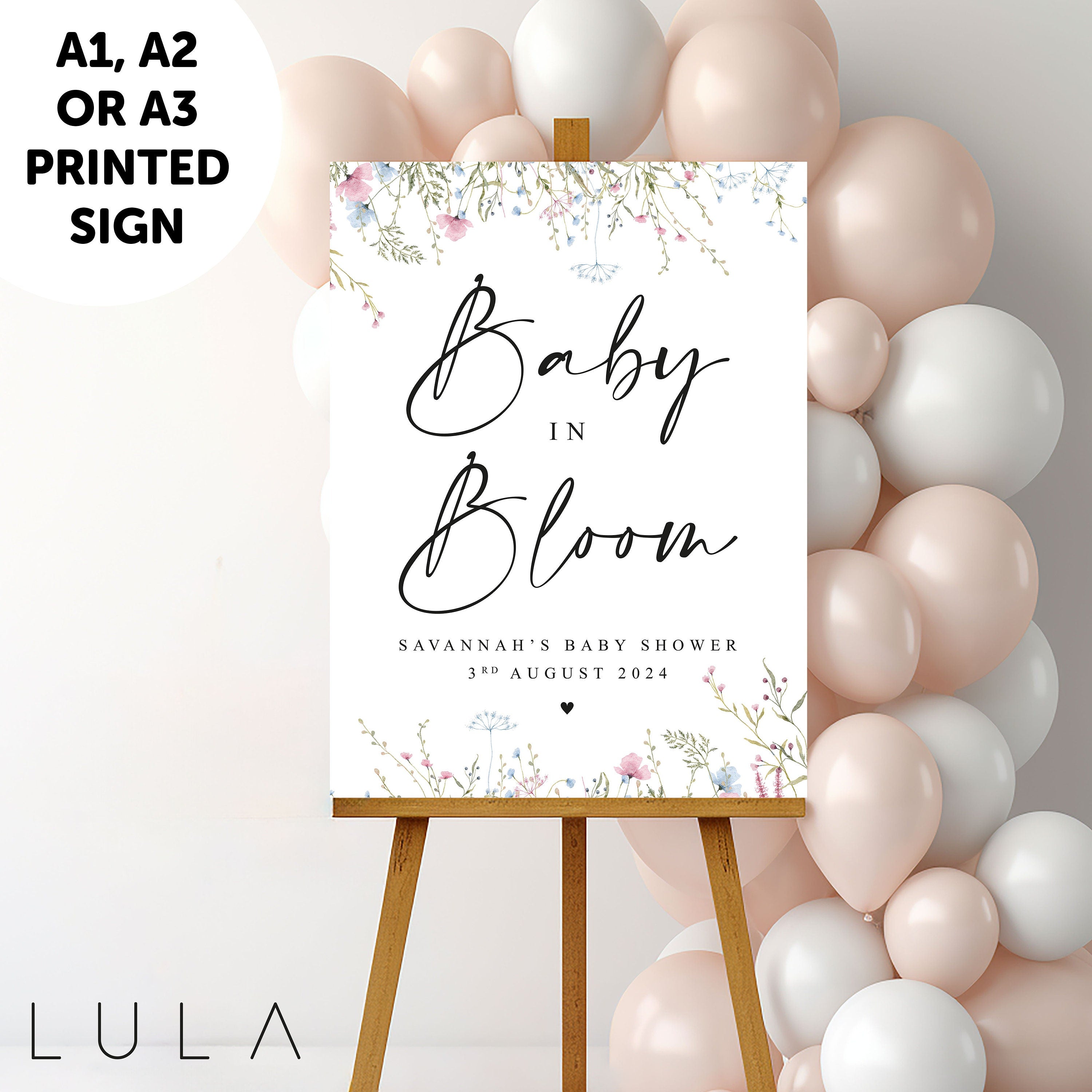 PERSONALISED Pink Blue Floral Baby Shower Sign PRINTED Wildflower Baby Shower Party Baby Welcome Sign Baby in Bloom