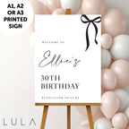PERSONALISED Black & White Bow Minimal Birthday Party Sign 20th 30th 40th 50th PRINTED Foamex Sign Minimal Welcome Sign