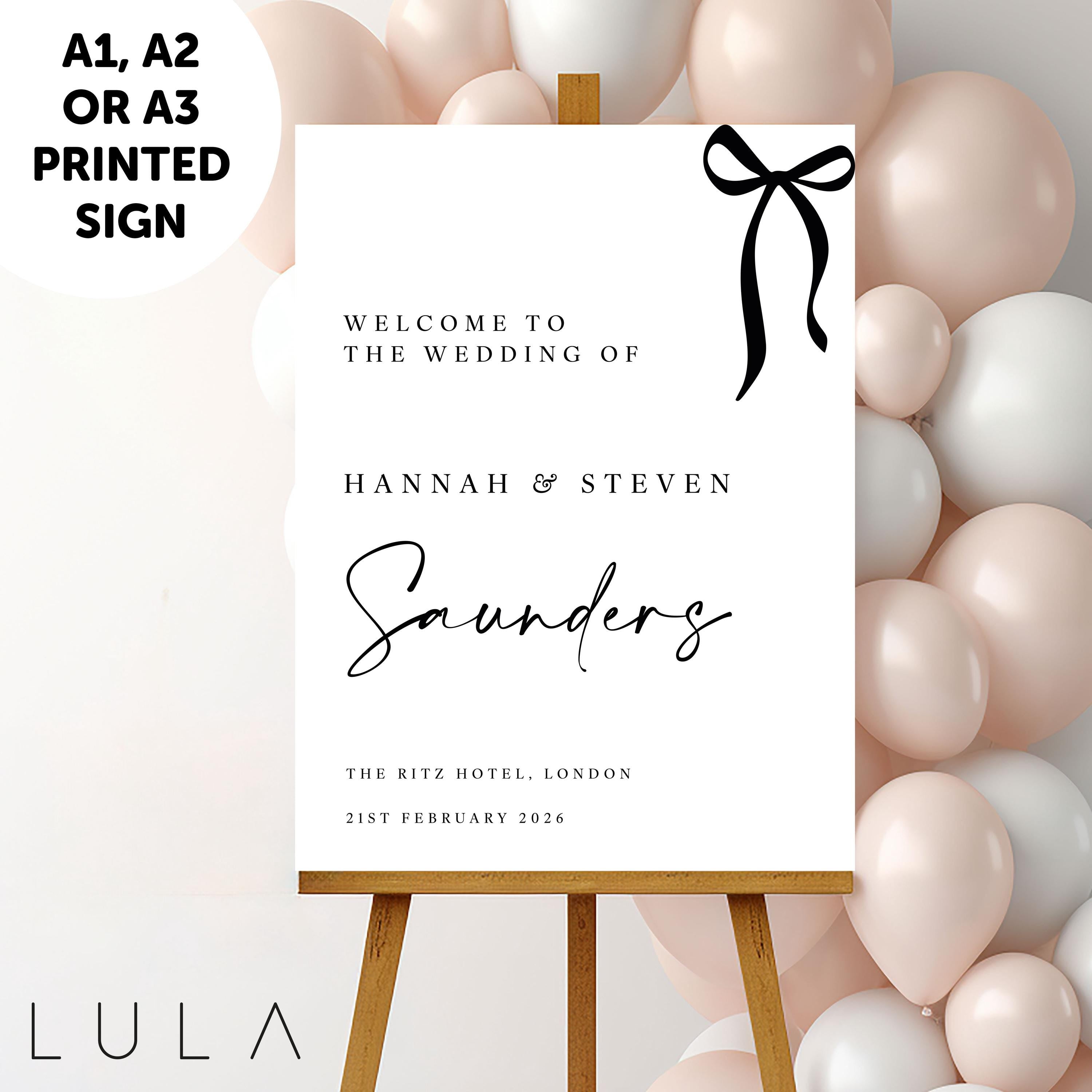 PERSONALISED A1 A2 or A3 Black and White Bow Welcome to our Wedding PRINTED foamex Welcome Sign Elegant minimal sign decor