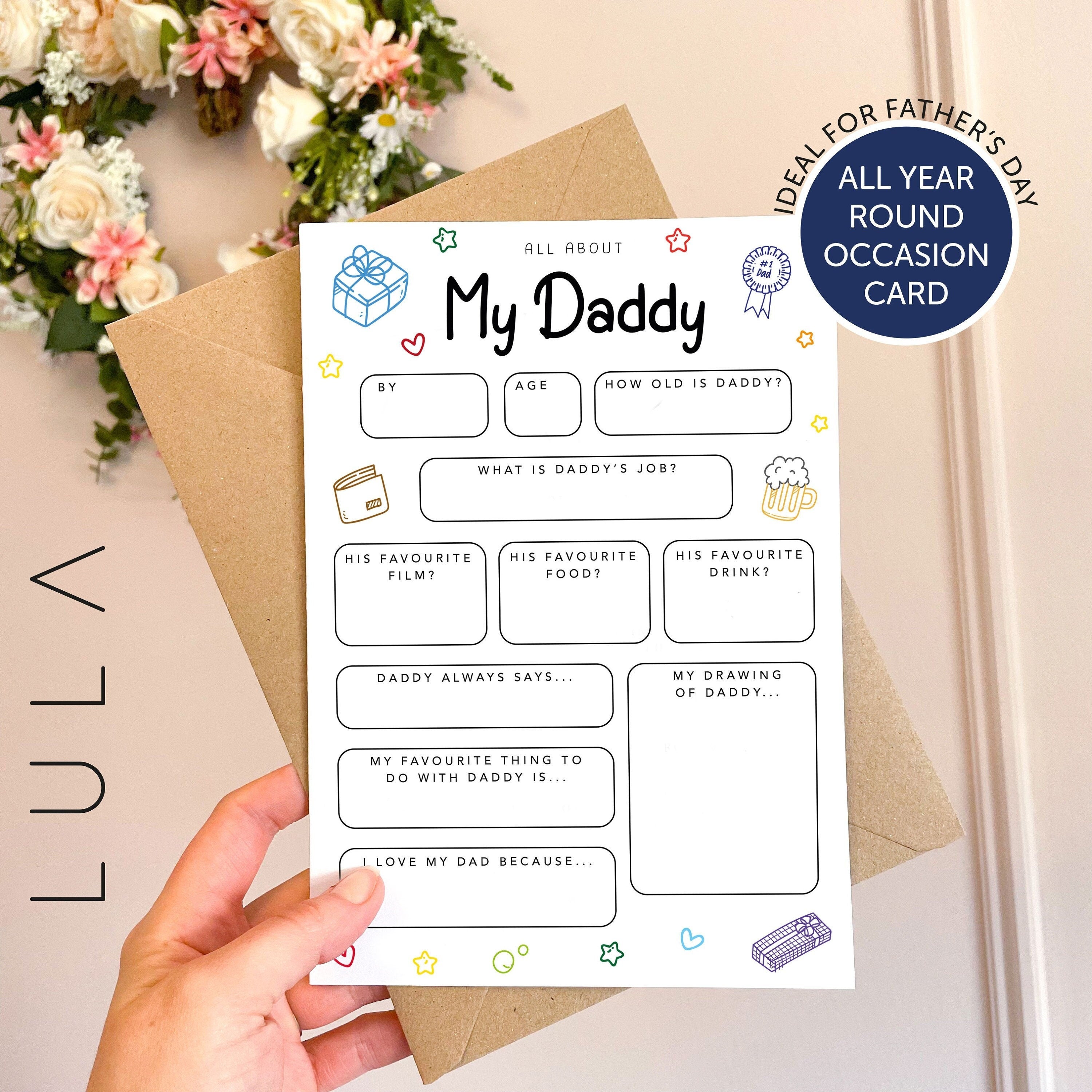 All About Daddy A5 Card with envelope, Dad Questionnaire, Daddy Birthday Card, Fathers Day Keepsake Card, All about Daddy, Father's Day Card