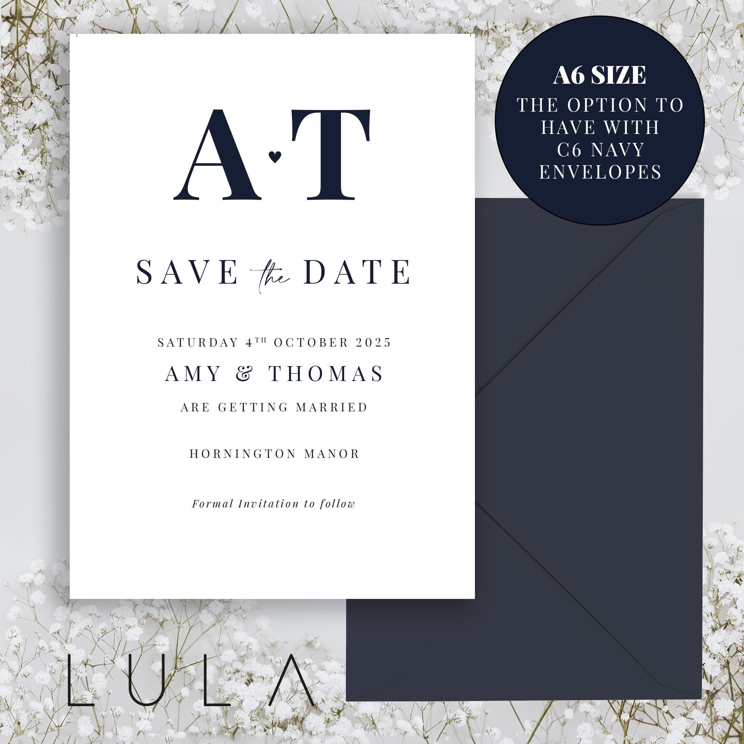 PERSONALISED Navy and White Save The Date Printed Invitations, Navy theme wedding Save The Dates with Envelopes, Typography Save the Dates