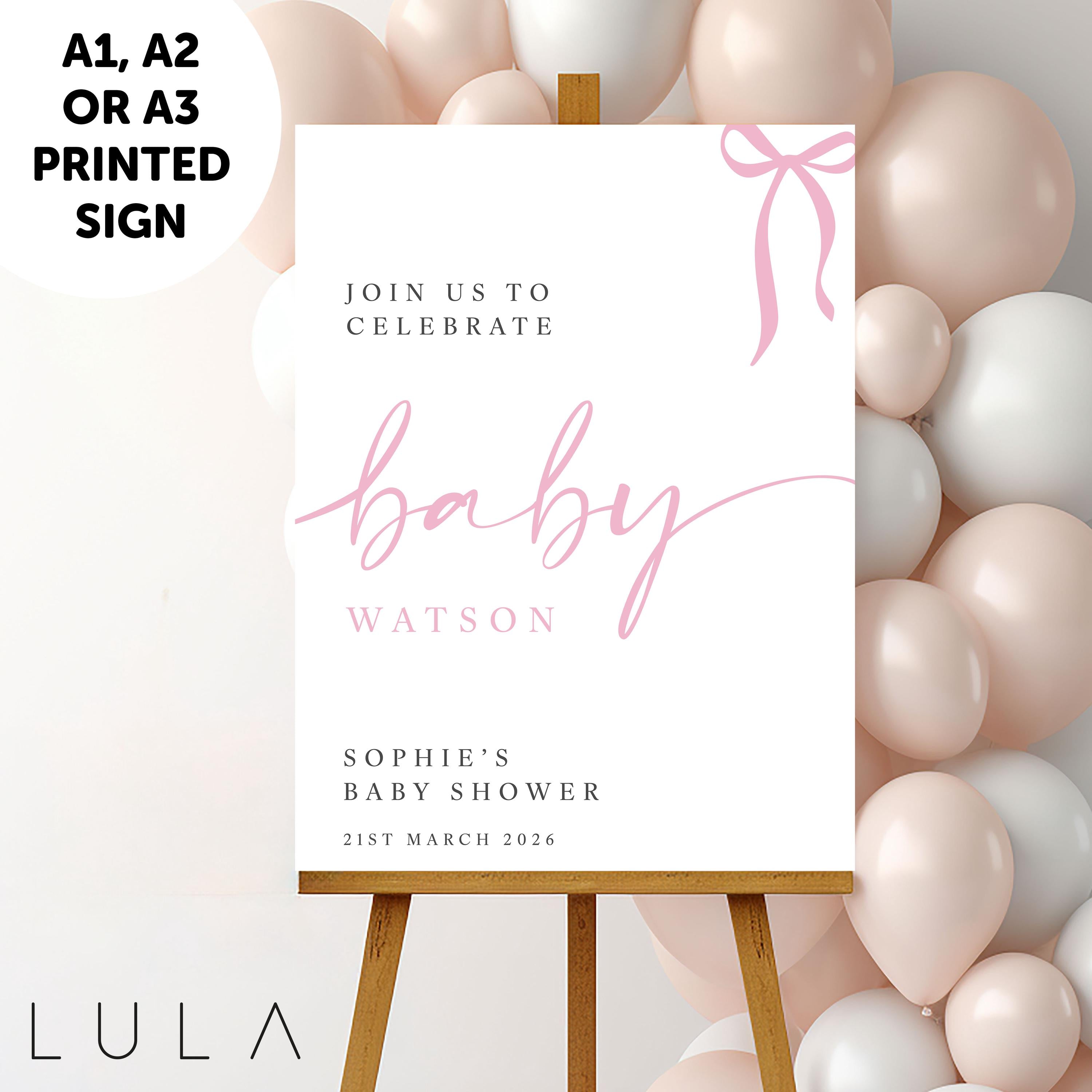 PERSONALISED A1 A2 or A3 Black White Pink Blue Bow Welcome Baby Shower PRINTED Welcome Sign or DIGITAL download Elegant minimal sign decor