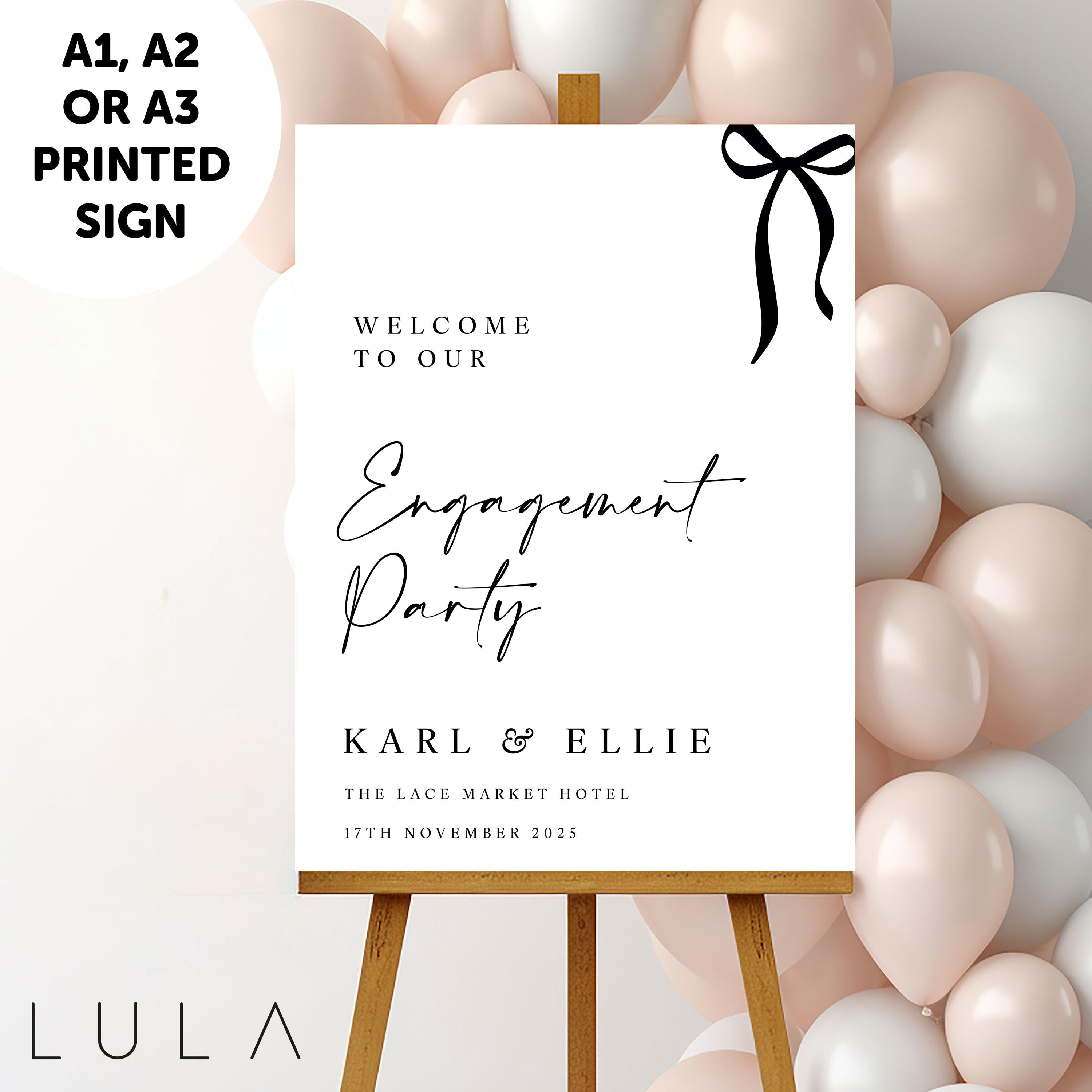 PERSONALISED A1 A2 or A3 Black and White Bow Welcome to our Engagement PRINTED Foamex Welcome Sign Elegant minimal sign decor