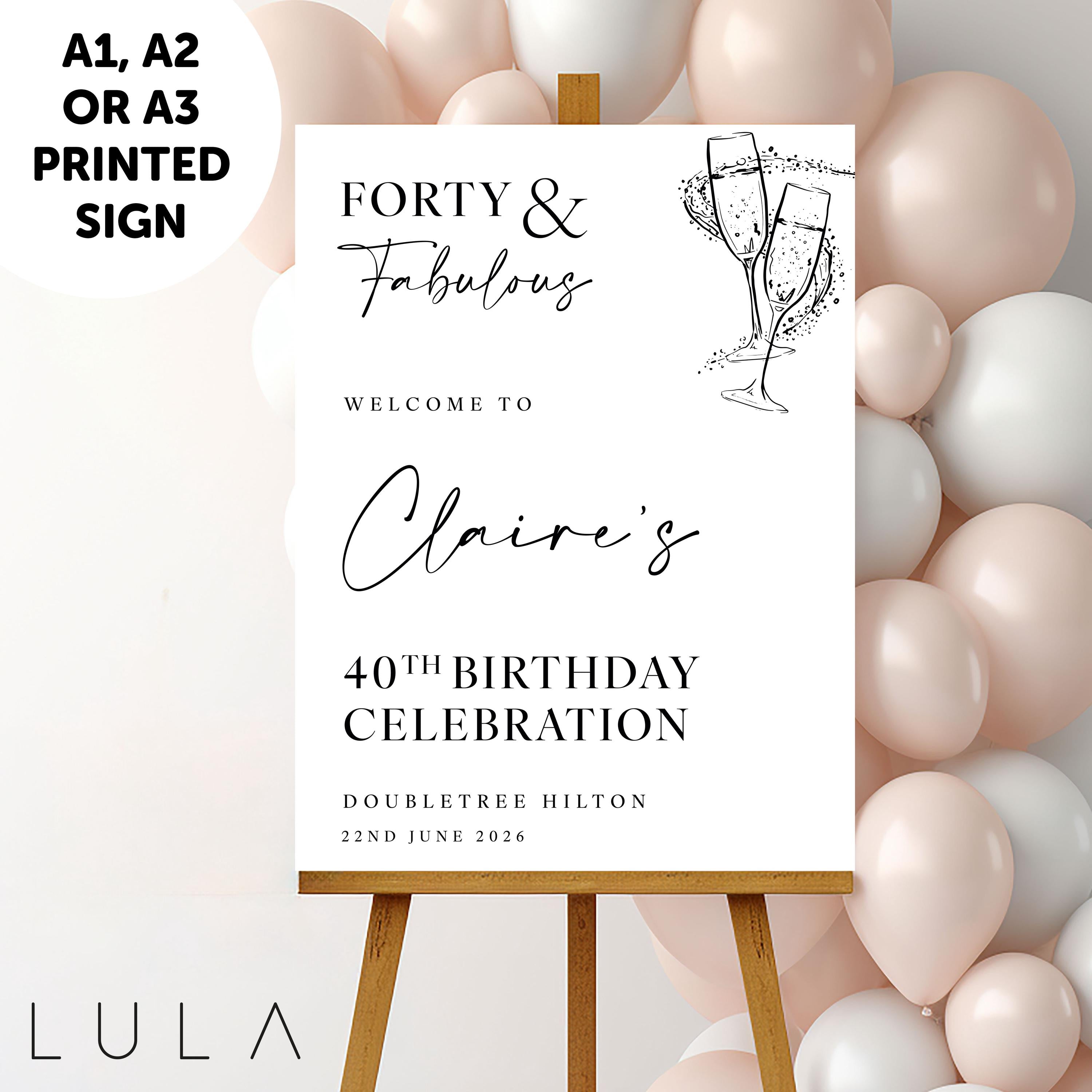 PERSONALISED Black & White Forty Fabulous Minimal Birthday Party Sign 20th 30th 40th 50th 60 PRINTED Foamex Sign Minimal Welcome Sign Drinks