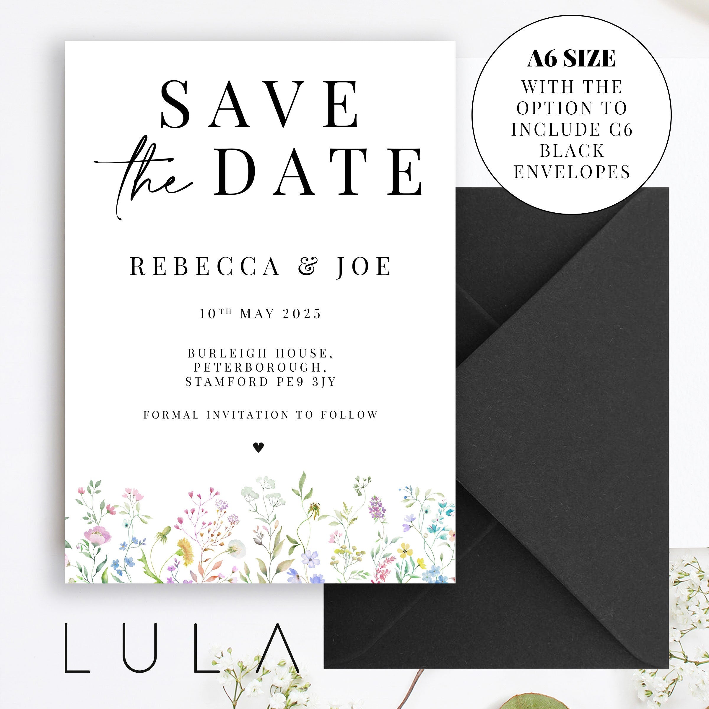 PERSONALISED A6 Spring Summer Floral Printed Save the Dates Wildflower Boho floral Save The Dates Typography Printed with black Envelopes