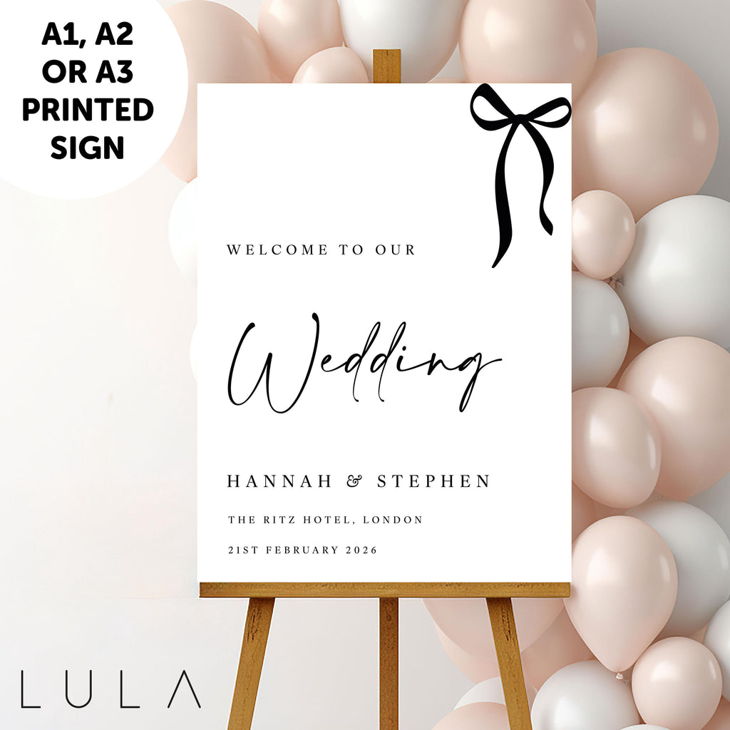PERSONALISED A1 A2 or A3 Black and White Bow Welcome to our Wedding PRINTED foamex Welcome Sign Elegant minimal sign decor