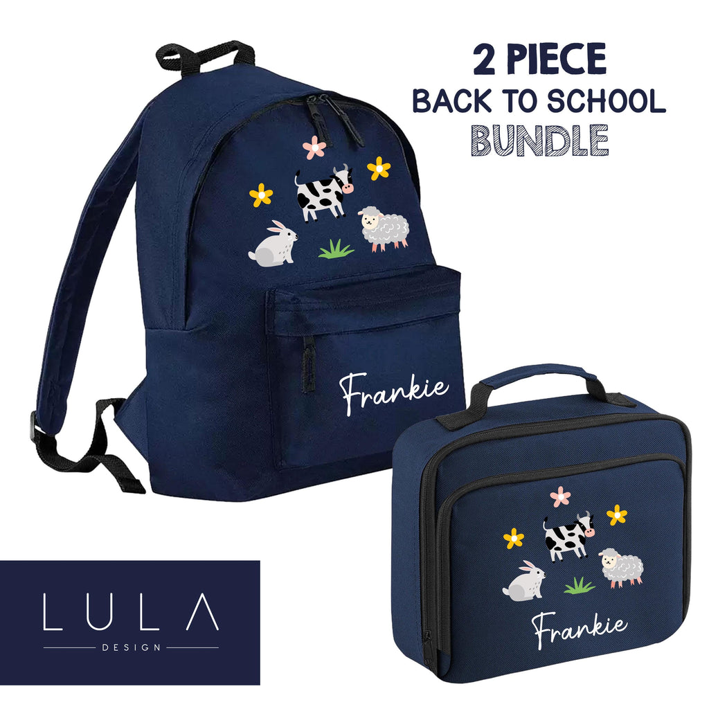PERSONALISED Little Farm Cute Animals Boys Girls School Bag Lunch Box with Name, Baby Farm Animals School Backpack Farm Back to School